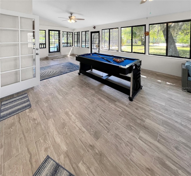11404 Lokanotosa Trl, Orlando, FL 32817 - playroom featuring a ceiling fan, pool table, vaulted ceiling, and light wood finished floors