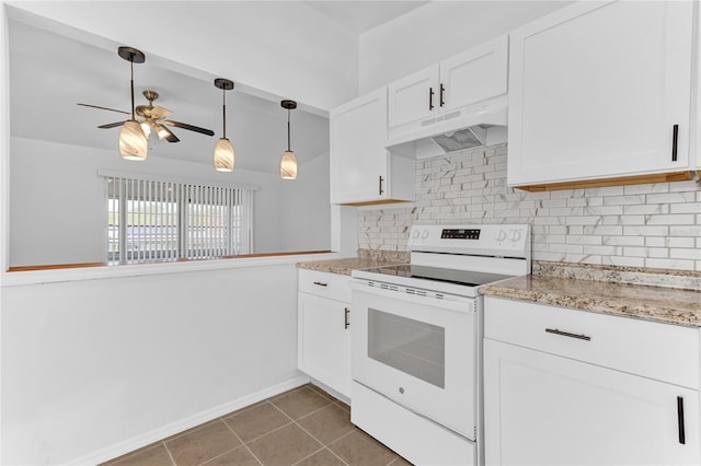 5201 Van Aken Dr, Orlando, FL 32808 - kitchen featuring white cabinetry, under cabinet range hood, backsplash, ceiling fan, and white electric range