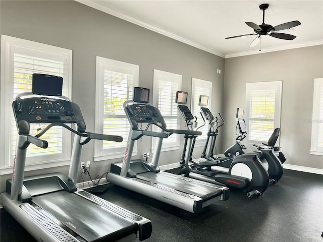 11826 Sky Acres Ter, Bradenton, FL 34211 - workout area featuring ornamental molding, ceiling fan, and plenty of natural light