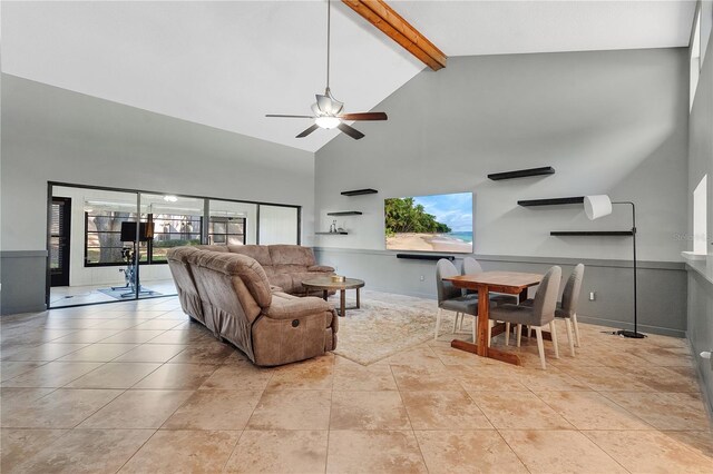 218 Nettlewood Ln, Fern Park, FL 32730 - living room with tile patterned flooring, high vaulted ceiling, beam ceiling, and a ceiling fan