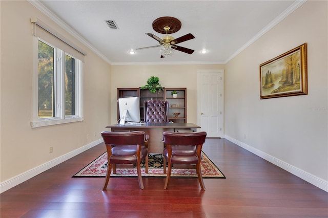 2910 Frontier Dr, Kissimmee, FL 34744 - office featuring crown molding, baseboards, a ceiling fan, and dark wood-style floors