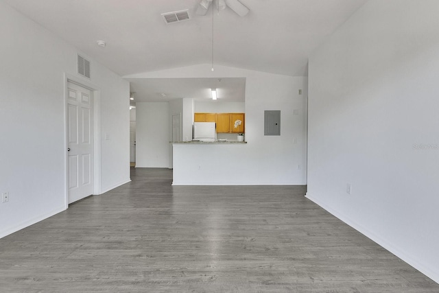 5550 E Michigan St Unit 3325, Orlando, FL 32822 - unfurnished living room with visible vents, lofted ceiling, wood finished floors, and ceiling fan