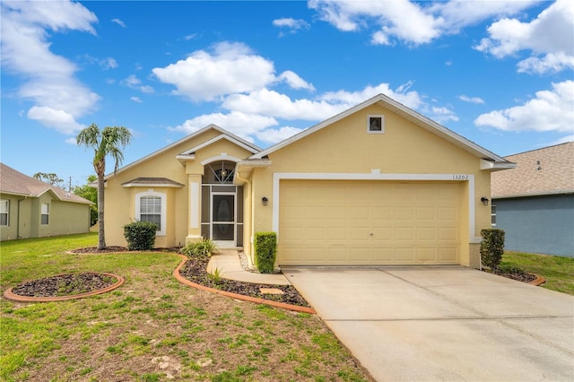 single story home featuring a garage, concrete driveway, stucco siding, and a front lawn
