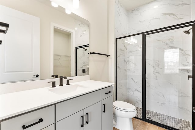 13231 Panama Beach Ct, Orlando, FL 32827 - bathroom with toilet, vanity, a marble finish shower, and a spacious closet