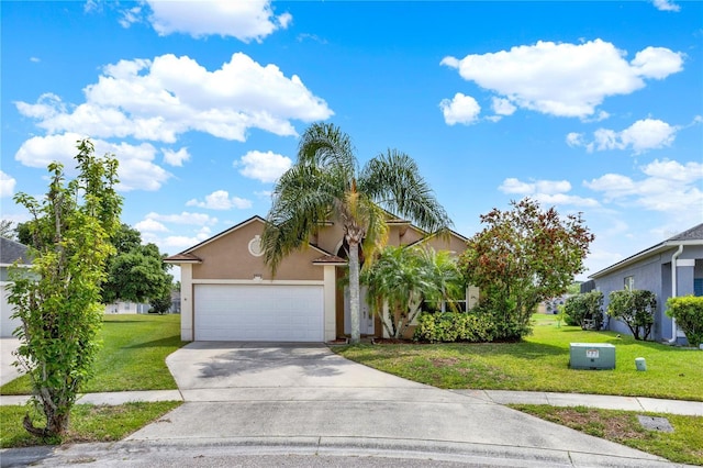 obstructed view of property with a front yard, driveway, stucco siding, and an attached garage