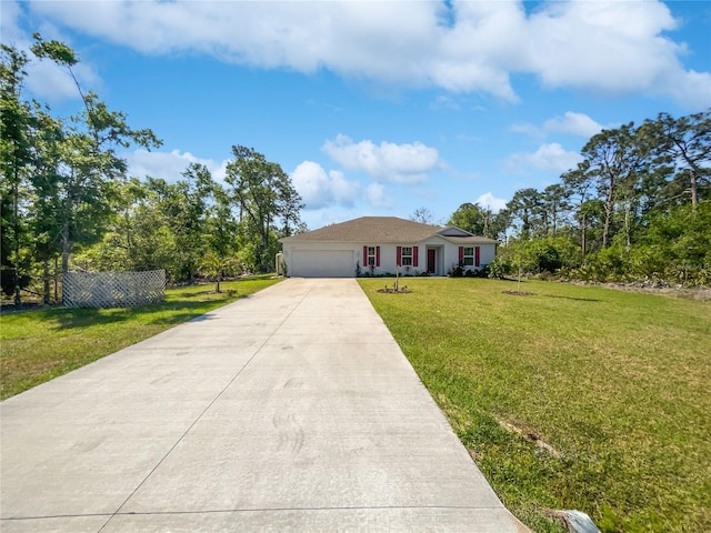 single story home with driveway, stucco siding, fence, an attached garage, and a front lawn