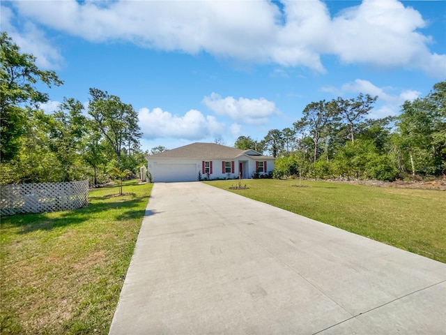 ranch-style house featuring stucco siding, an attached garage, a front lawn, and concrete driveway