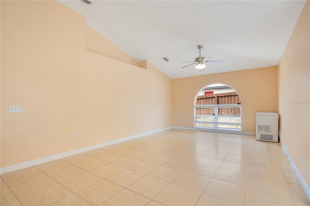 unfurnished room featuring light tile patterned floors, high vaulted ceiling, baseboards, and a ceiling fan