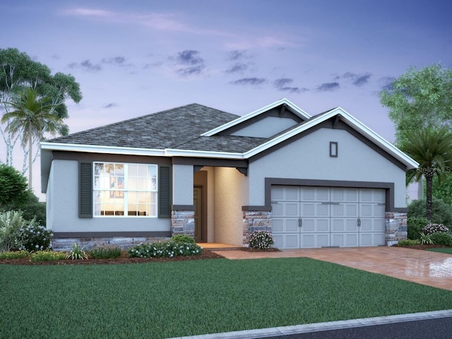 ranch-style house with an attached garage, a front lawn, stone siding, and stucco siding