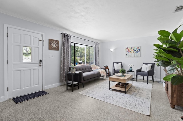 carpeted living area featuring baseboards, crown molding, and visible vents
