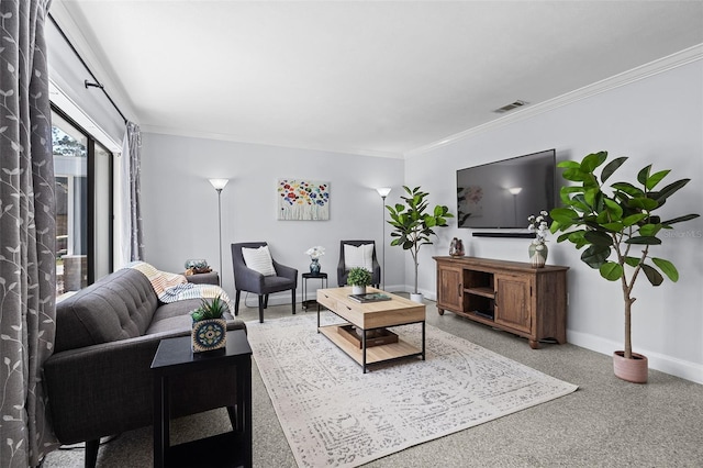 carpeted living room with visible vents, baseboards, and ornamental molding
