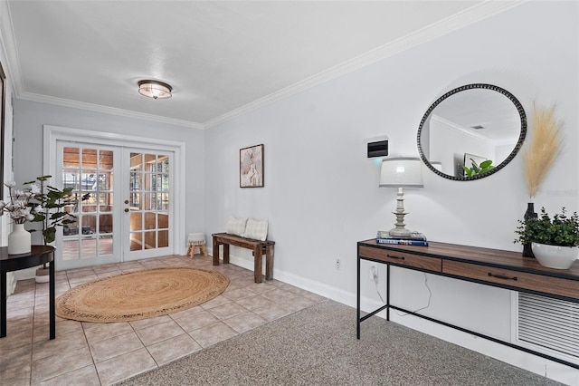 interior space featuring baseboards, ornamental molding, and french doors