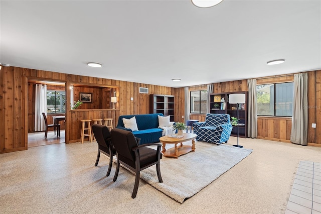 living room featuring wooden walls
