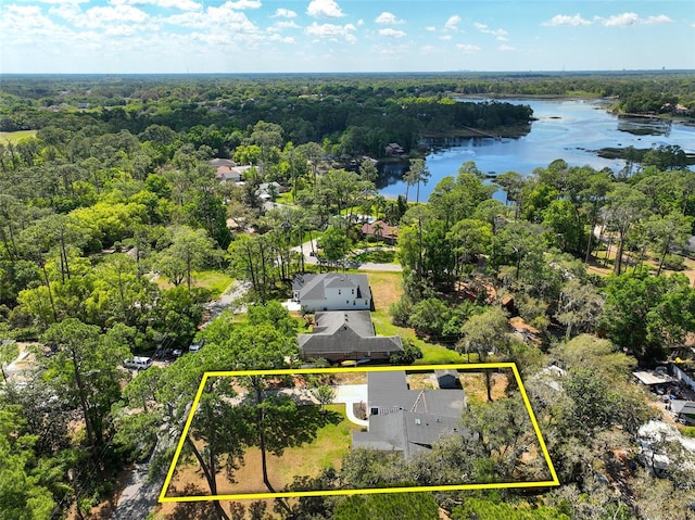 drone / aerial view featuring a view of trees and a water view
