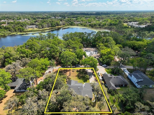 birds eye view of property with a wooded view and a water view