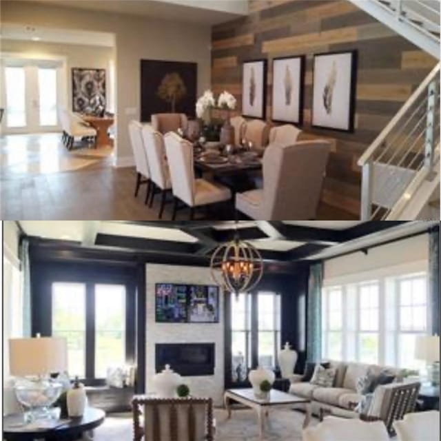 1224 Union Club Dr, Winter Garden, FL 34787 - living room featuring wood walls, wood finished floors, stairway, and a chandelier