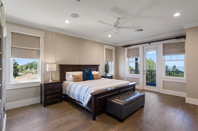 1224 Union Club Dr, Winter Garden, FL 34787 - bedroom featuring crown molding, access to outside, baseboards, recessed lighting, and wood finished floors