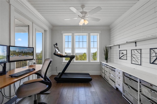 1224 Union Club Dr, Winter Garden, FL 34787 - office area featuring baseboards, dark wood finished floors, a ceiling fan, and wood ceiling