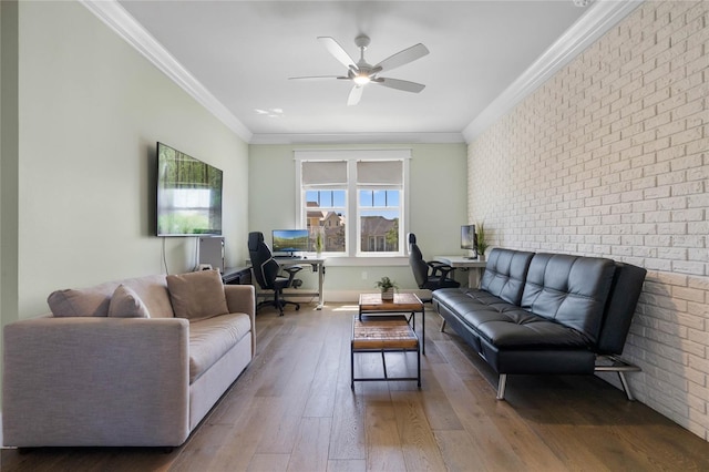 1224 Union Club Dr, Winter Garden, FL 34787 - living room featuring a desk, brick wall, a ceiling fan, ornamental molding, and hardwood / wood-style flooring