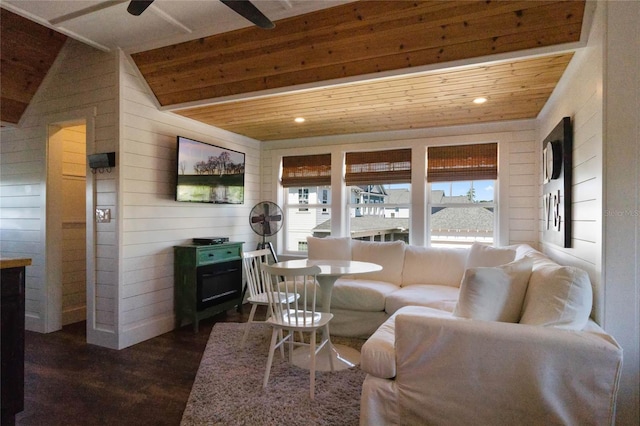 1224 Union Club Dr, Winter Garden, FL 34787 - living area with dark wood-style floors, wooden walls, wood ceiling, ceiling fan, and recessed lighting
