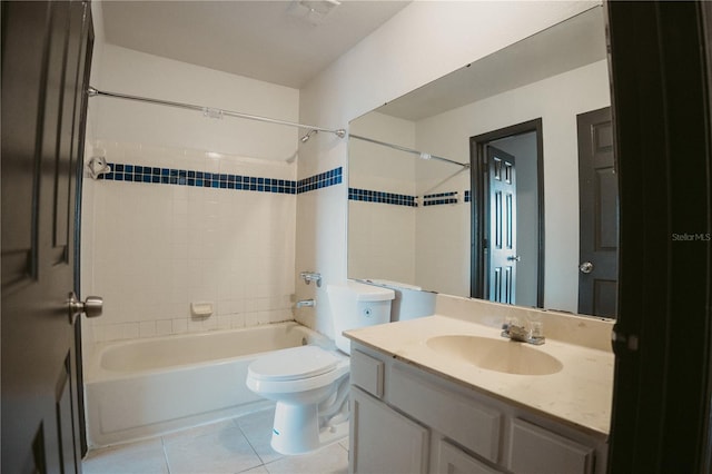 full bathroom featuring visible vents, toilet, tile patterned floors, vanity, and shower / washtub combination