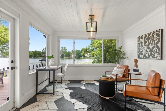 201 Cedarwood Dr, Maitland, FL 32751 - sunroom with baseboards, a water view, and wood ceiling