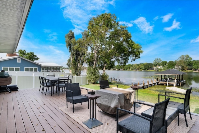 201 Cedarwood Dr, Maitland, FL 32751 - deck with area for grilling, outdoor dining area, a water view, and a boat dock