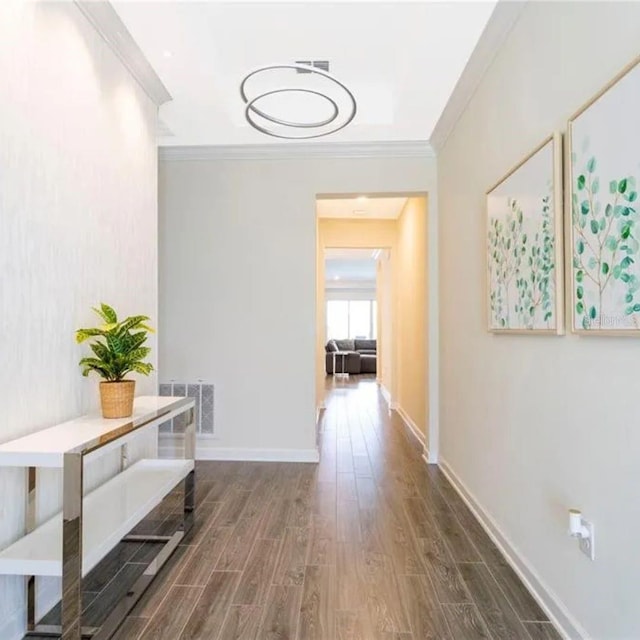 14711 Winter Stay Dr, Winter Garden, FL 34787 - corridor with dark wood-style flooring, crown molding, and baseboards