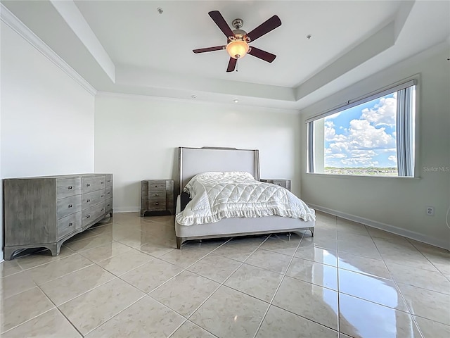 8743 S The Esplanade Unit 18, Orlando, FL 32836 - bedroom with a raised ceiling, light tile patterned floors, and a ceiling fan
