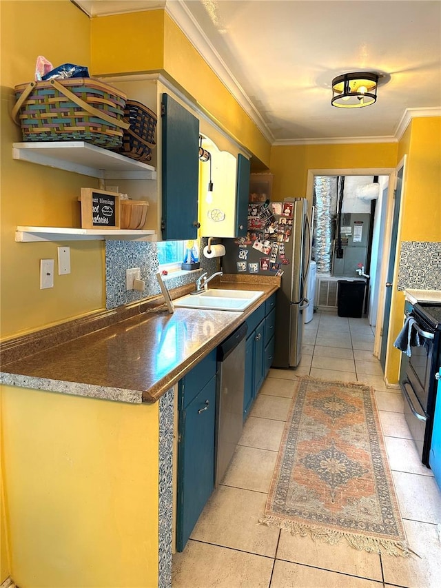 1098 Henry Balch Dr, Orlando, FL 32810 - kitchen with a sink, crown molding, stainless steel appliances, and blue cabinetry