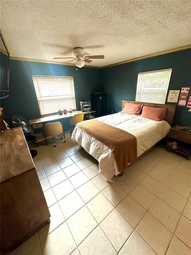 1098 Henry Balch Dr, Orlando, FL 32810 - tiled bedroom with ornamental molding, a textured ceiling, and ceiling fan