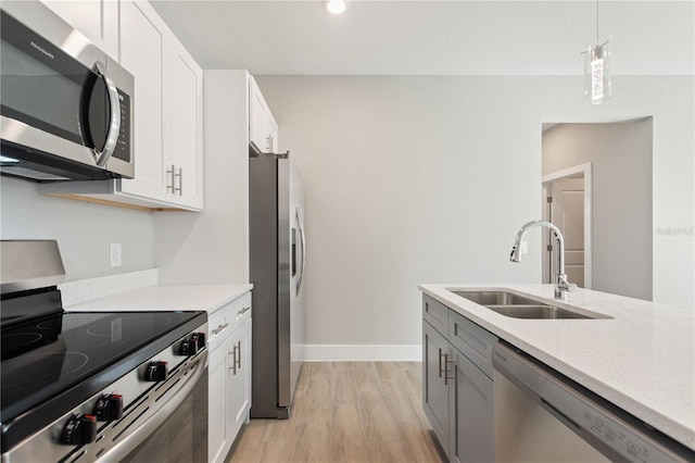 kitchen featuring a sink, white cabinetry, stainless steel appliances, baseboards, and light wood-style floors
