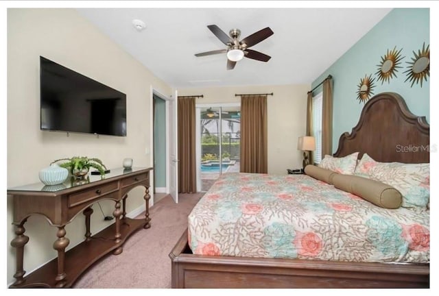 bedroom with baseboards, ceiling fan, access to outside, vaulted ceiling, and light colored carpet