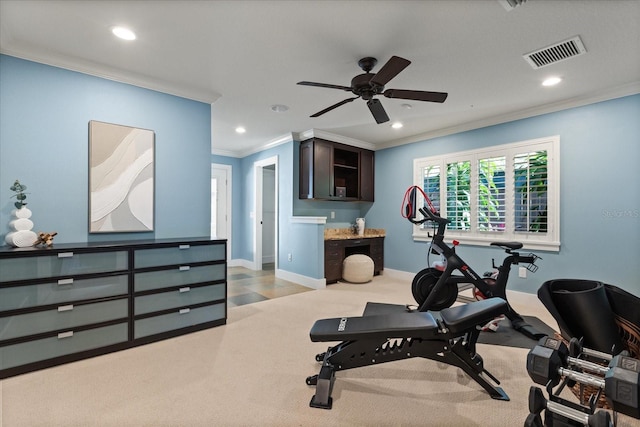 7849 Georgeann St, Winter Park, FL 32792 - exercise area featuring ornamental molding, recessed lighting, a ceiling fan, baseboards, and light colored carpet