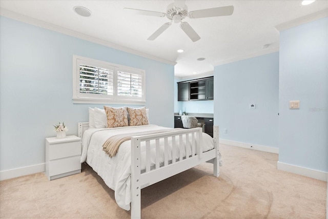 7849 Georgeann St, Winter Park, FL 32792 - bedroom featuring ornamental molding, light carpet, baseboards, recessed lighting, and ceiling fan