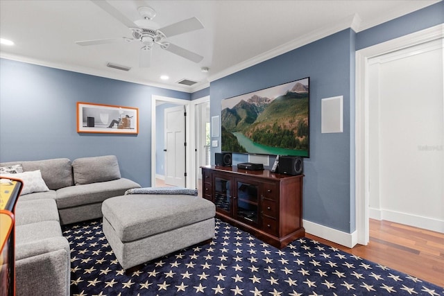 7849 Georgeann St, Winter Park, FL 32792 - living room with wood finished floors, baseboards, crown molding, a ceiling fan, and recessed lighting
