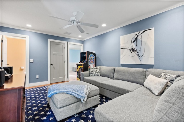 7849 Georgeann St, Winter Park, FL 32792 - living area featuring recessed lighting, ornamental molding, ceiling fan, baseboards, and wood finished floors
