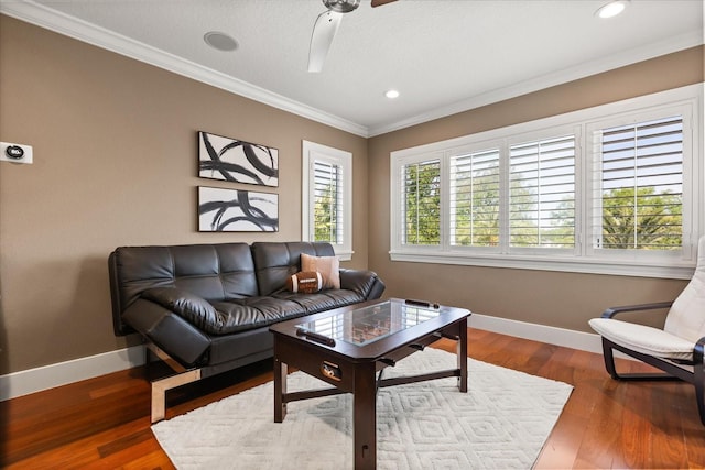 7849 Georgeann St, Winter Park, FL 32792 - living room with ornamental molding, baseboards, wood finished floors, a ceiling fan, and recessed lighting