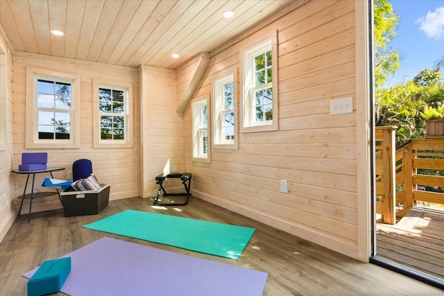 7849 Georgeann St, Winter Park, FL 32792 - workout area featuring wood ceiling, wood finished floors, recessed lighting, and wood walls