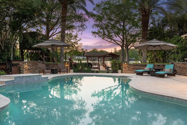7849 Georgeann St, Winter Park, FL 32792 - pool at dusk featuring an outdoor pool, a pergola, and a patio area