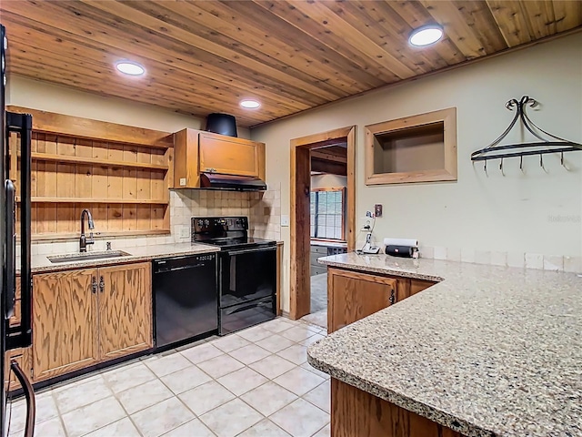 410 Sandspur Rd N, Maitland, FL 32751 - kitchen featuring wooden ceiling, a sink, open shelves, under cabinet range hood, and black appliances