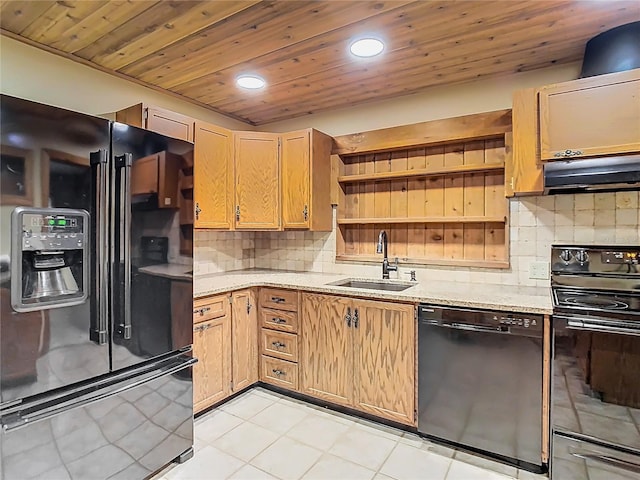 410 Sandspur Rd N, Maitland, FL 32751 - kitchen featuring a sink, tasteful backsplash, black appliances, and open shelves
