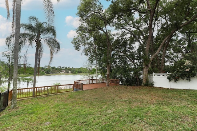 view of yard featuring a water view and a fenced backyard