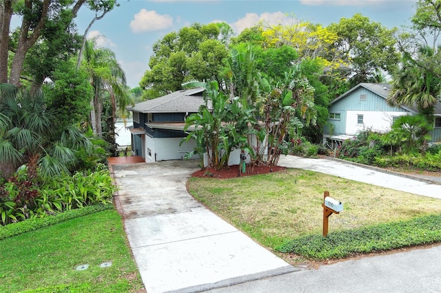 view of property hidden behind natural elements featuring a carport, a shingled roof, driveway, and a front yard