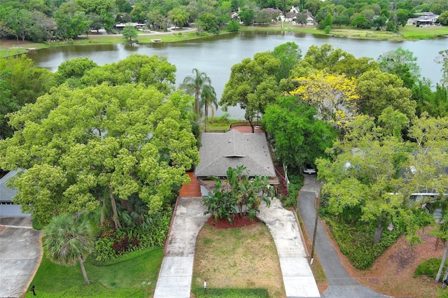 birds eye view of property featuring a water view
