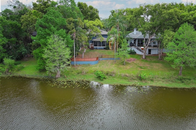 aerial view featuring a water view