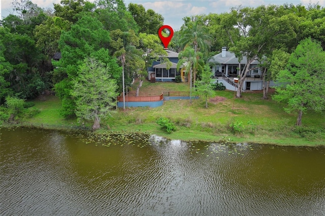drone / aerial view featuring a water view
