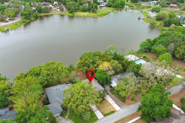 drone / aerial view with a water view