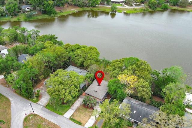 bird's eye view with a water view