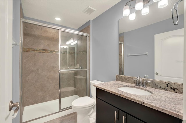 bathroom with visible vents, toilet, a stall shower, and tile patterned flooring